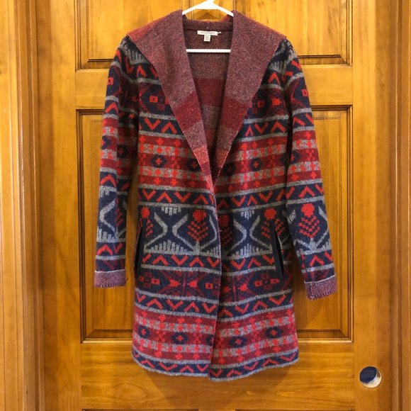 Toad&Co Sweaters - Toad & Co Red Patterned Lambs Wool Open Front Hooded Cardigan Size XS